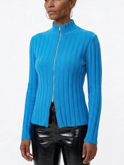 Blue Ribbed Wool Zip Front Cardigan Sweater - Sweaters & Knitwear