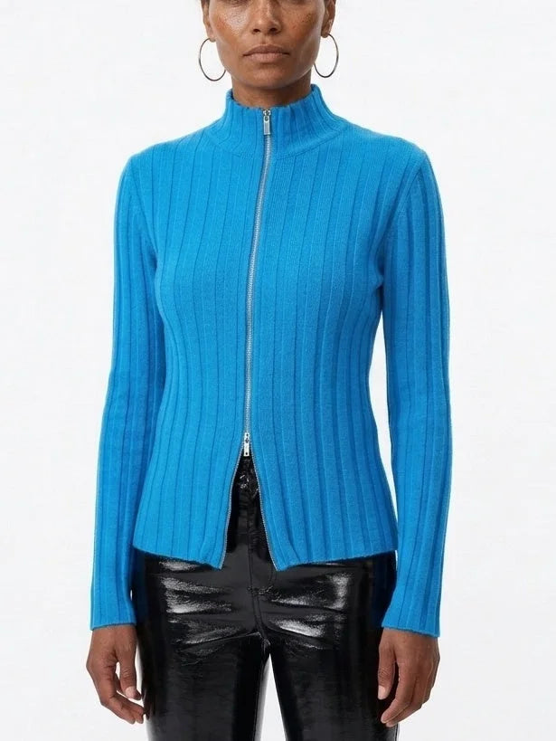 Blue Ribbed Wool Zip Front Cardigan Sweater - Sweaters & Knitwear