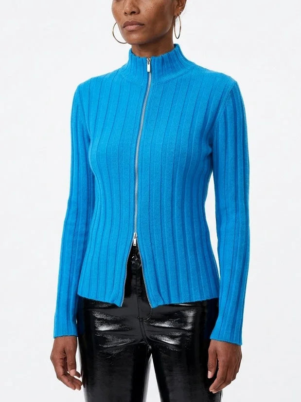Blue Ribbed Wool Zip Front Cardigan Sweater - Sweaters & Knitwear