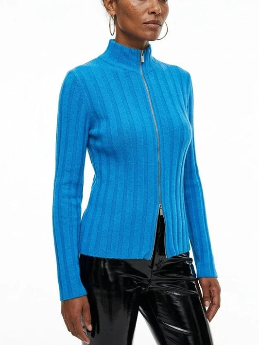 Blue Ribbed Wool Zip Front Cardigan Sweater - Sweaters & Knitwear