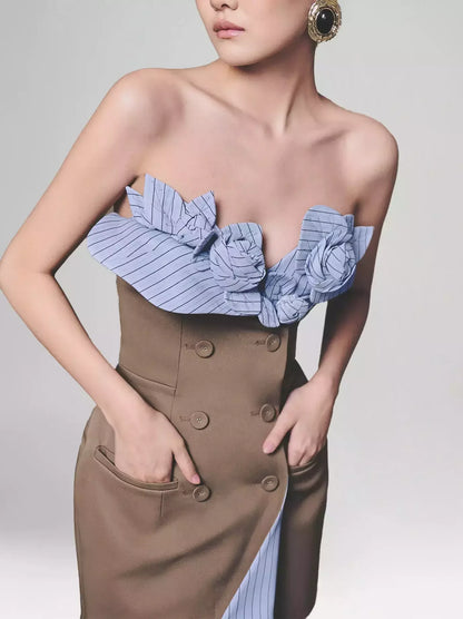 Blue Rose-Appliques Pinstripe-Contrast Brown Mini Dress - Dresses