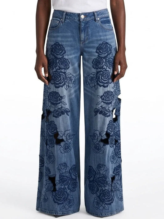 Blue Rose Embroidered Wide Leg Jeans with Cutouts - Jeans & Pants