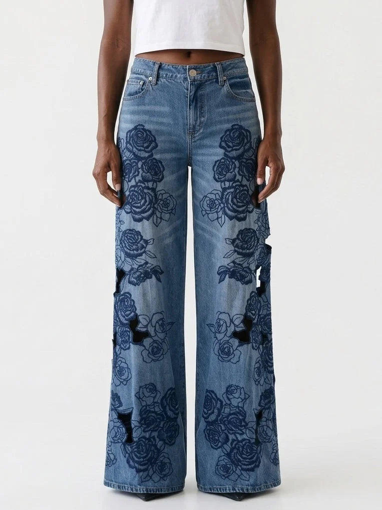 Blue Rose Embroidered Wide Leg Jeans with Cutouts - Jeans & Pants