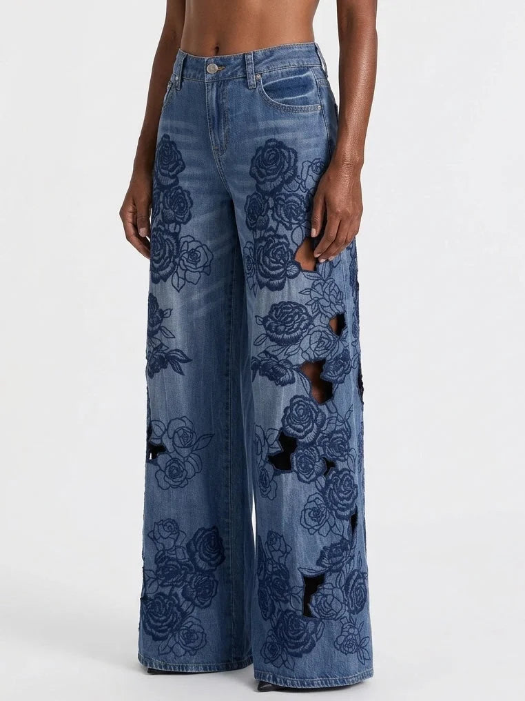 Blue Rose Embroidered Wide Leg Jeans with Cutouts - Jeans & Pants