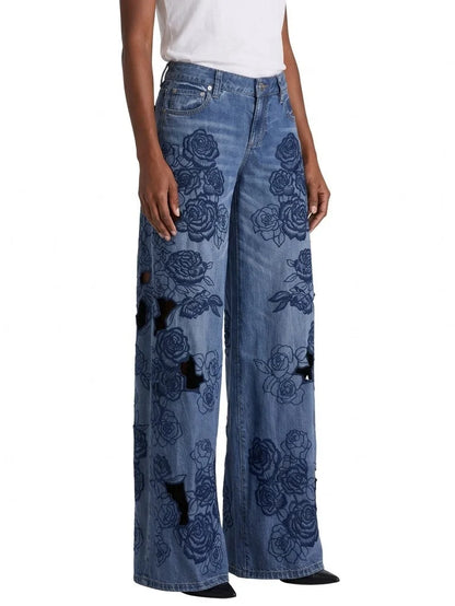 Blue Rose Embroidered Wide Leg Jeans with Cutouts - Jeans & Pants