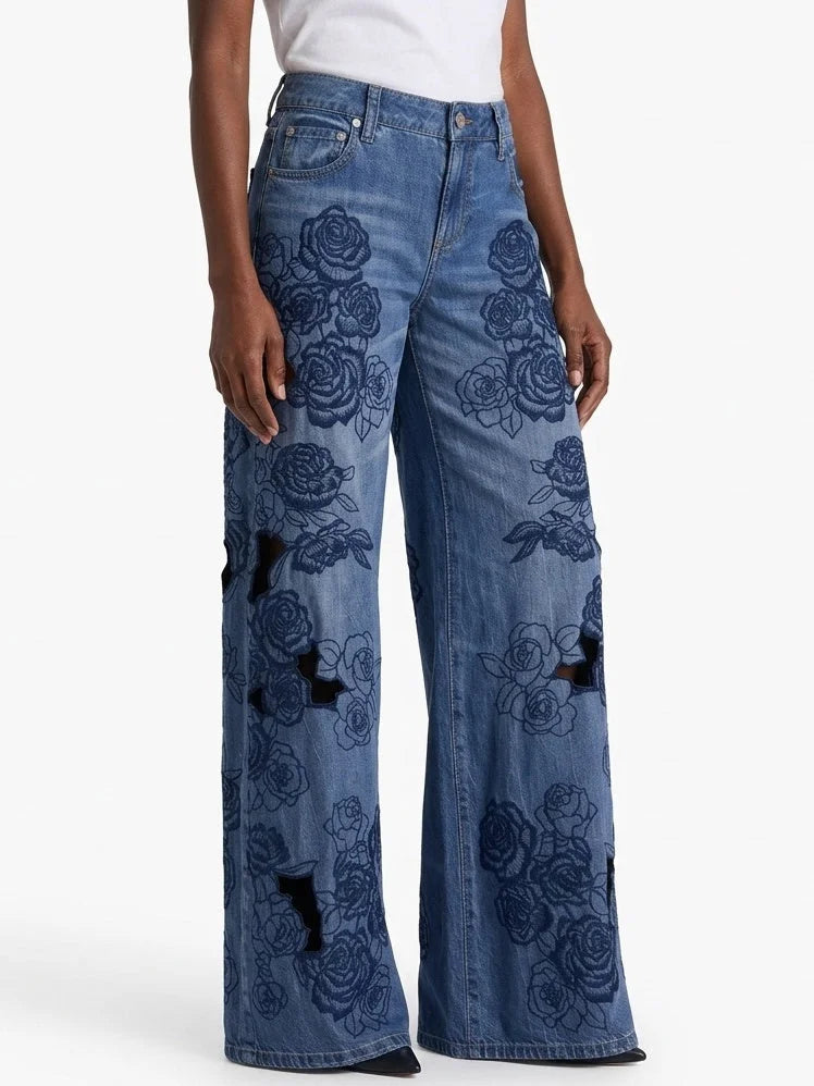 Blue Rose Embroidered Wide Leg Jeans with Cutouts - Jeans & Pants