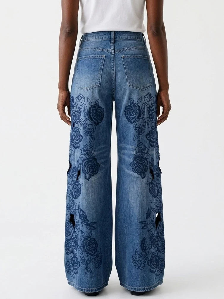 Blue Rose Embroidered Wide Leg Jeans with Cutouts - Jeans & Pants