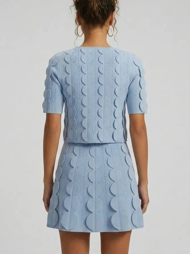 Blue Scalloped Knit Top and Mini Skirt Set - Suits & Sets
