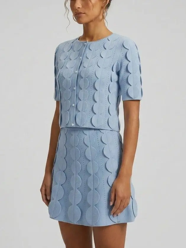 Blue Scalloped Knit Top and Mini Skirt Set - Suits & Sets