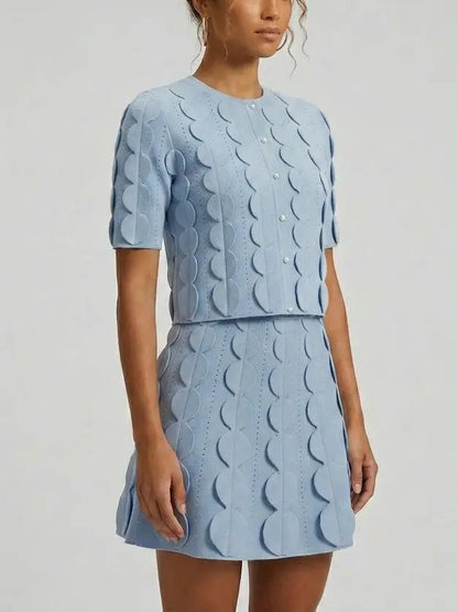 Blue Scalloped Knit Top and Mini Skirt Set - Suits & Sets