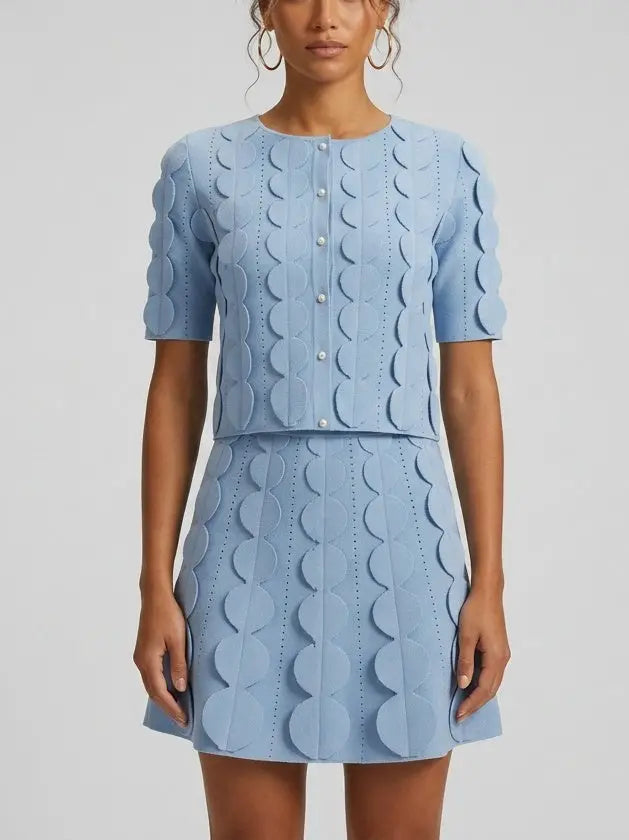 Blue Scalloped Knit Top and Mini Skirt Set - Suits & Sets