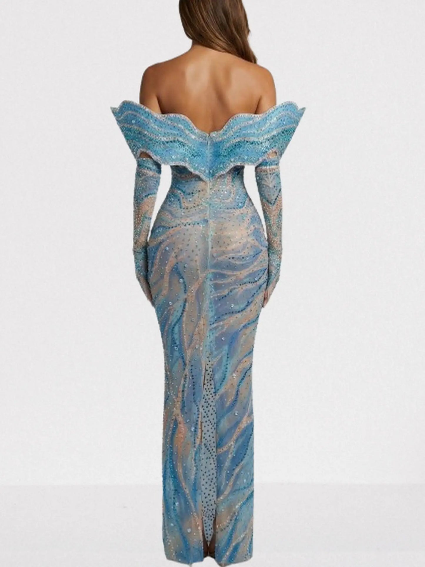 Blue Sculpted Off-Shoulder Embellished Gown - Dresses