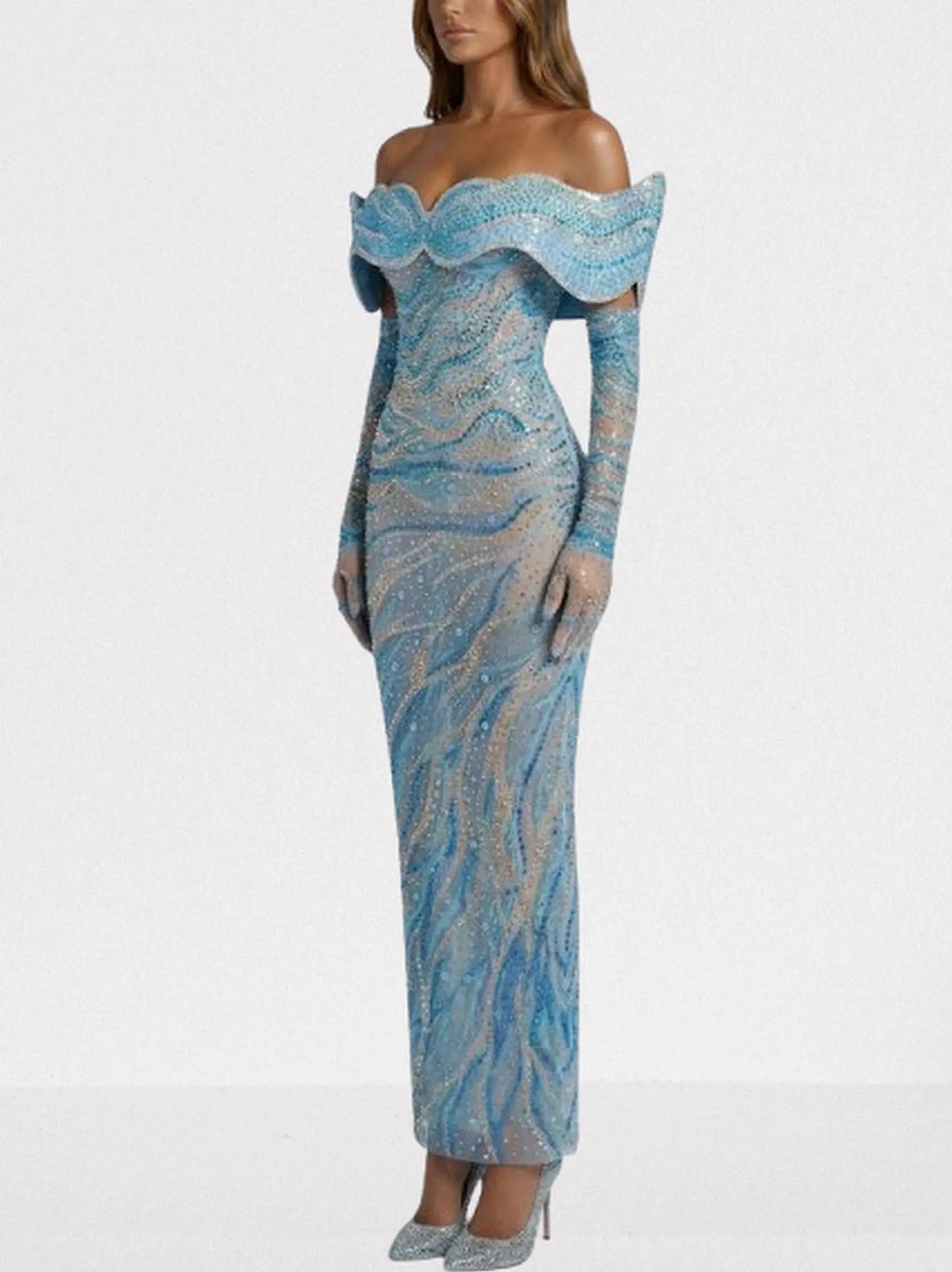 Blue Sculpted Off-Shoulder Embellished Gown - Dresses