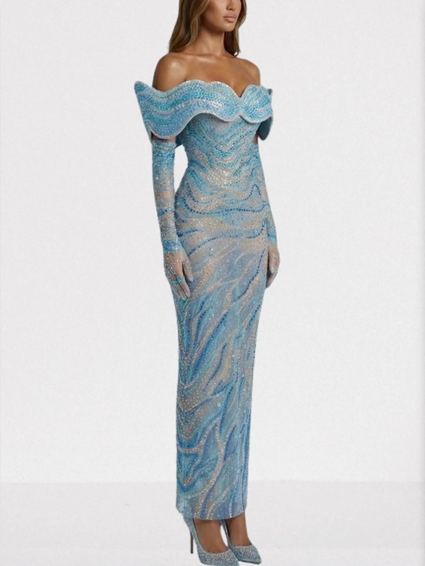 Blue Sculpted Off-Shoulder Embellished Gown - Dresses