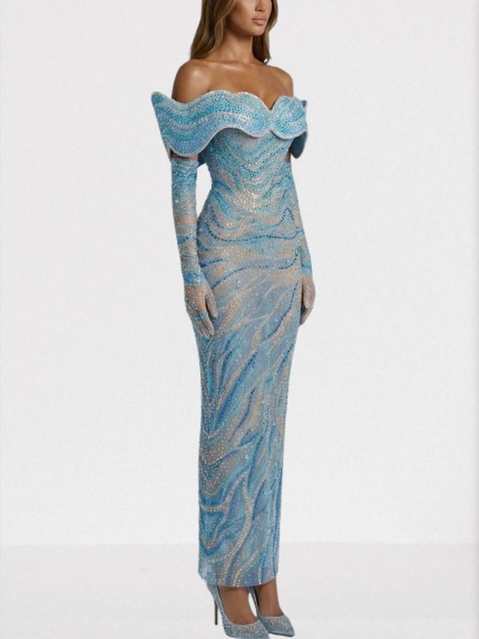 Blue Sculpted Off-Shoulder Embellished Gown - Dresses