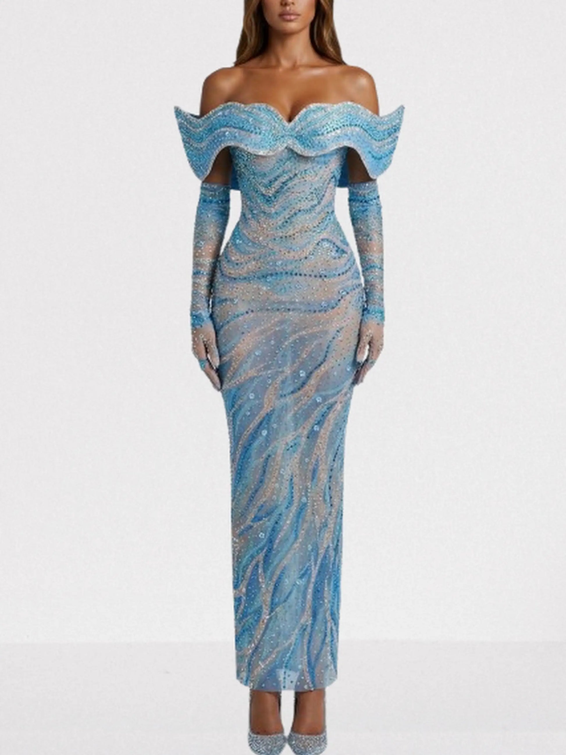 Blue Sculpted Off-Shoulder Embellished Gown - Dresses