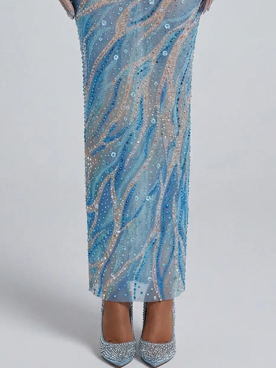 Blue Sculpted Off-Shoulder Embellished Gown - Dresses