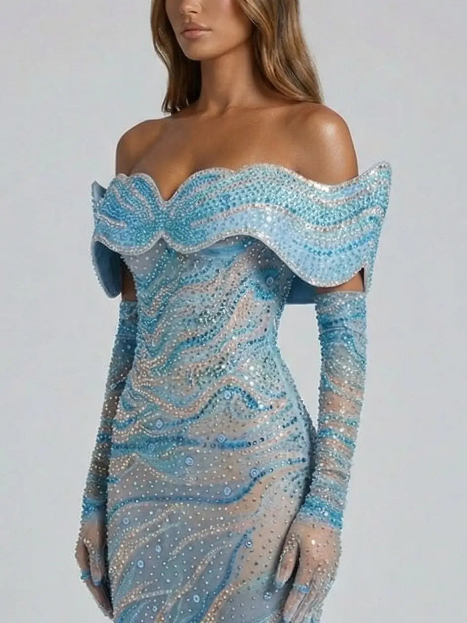 Blue Sculpted Off-Shoulder Embellished Gown - Dresses