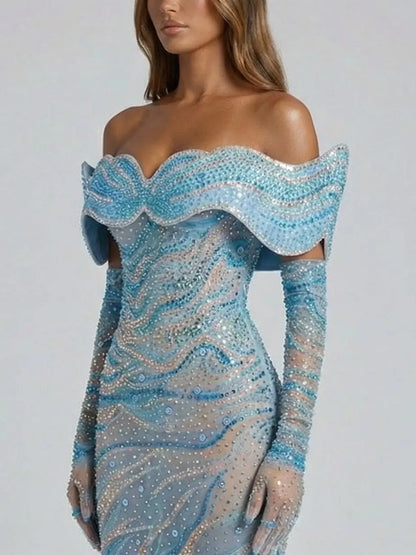 Blue Sculpted Off-Shoulder Embellished Gown - Dresses