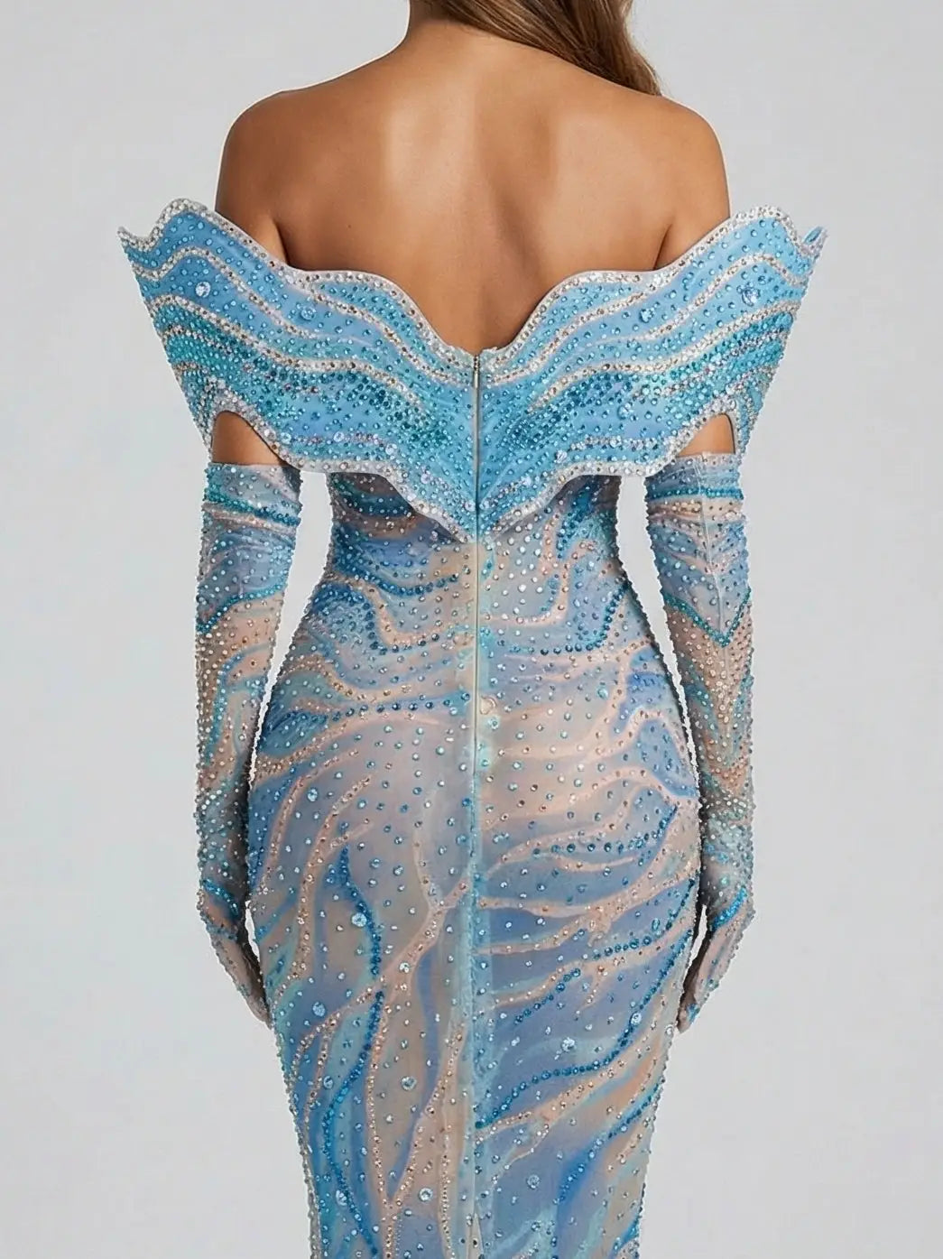 Blue Sculpted Off-Shoulder Embellished Gown - Dresses