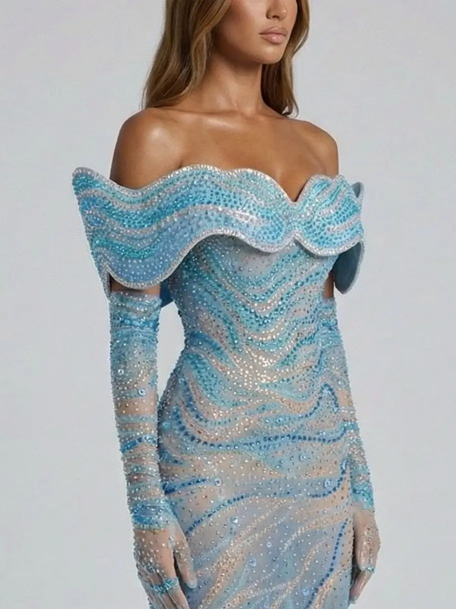 Blue Sculpted Off-Shoulder Embellished Gown - Dresses