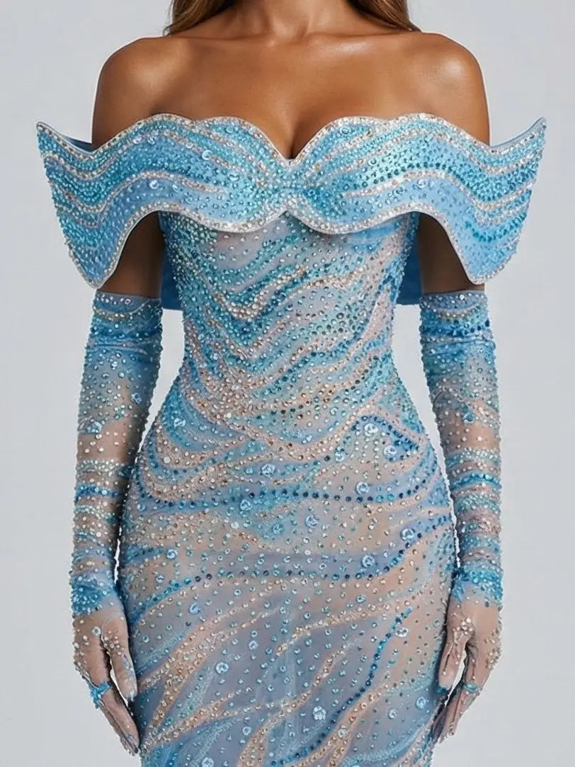 Blue Sculpted Off-Shoulder Embellished Gown - Dresses