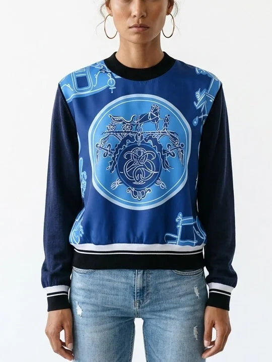 Blue Silk Blend Equestrian Print Sweater - Sweaters & Knitwear