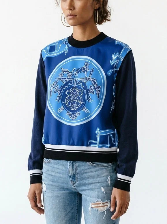 Blue Silk Blend Equestrian Print Sweater - Sweaters & Knitwear