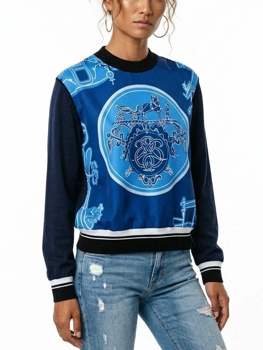 Blue Silk Blend Equestrian Print Sweater - Sweaters & Knitwear