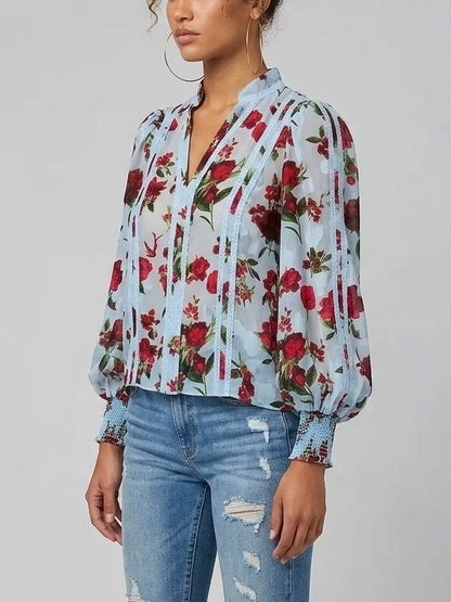 Blue Silk Rose Print Blouse - Tops
