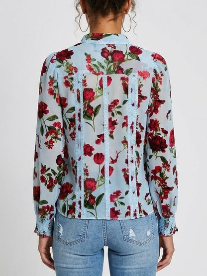 Blue Silk Rose Print Blouse - Tops