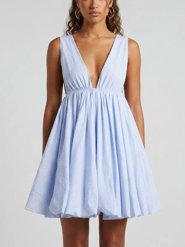 Blue Stripe Deep V Flared Mini Dress - Dresses