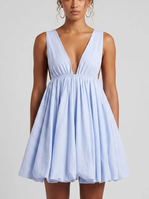 Blue Stripe Deep V Flared Mini Dress - Dresses
