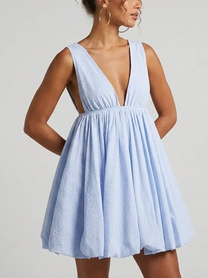 Blue Stripe Deep V Flared Mini Dress - Dresses