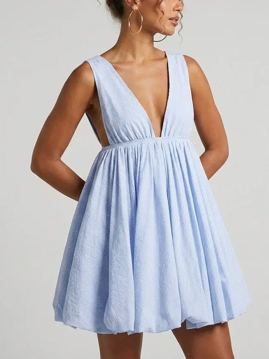 Blue Stripe Deep V Flared Mini Dress - Dresses