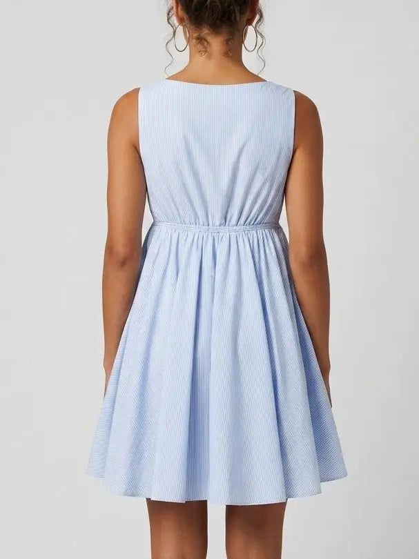 Blue Stripe Deep V Flared Mini Dress - Dresses