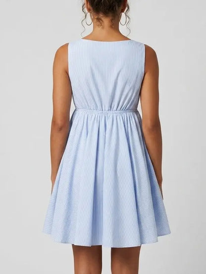 Blue Stripe Deep V Flared Mini Dress - Dresses