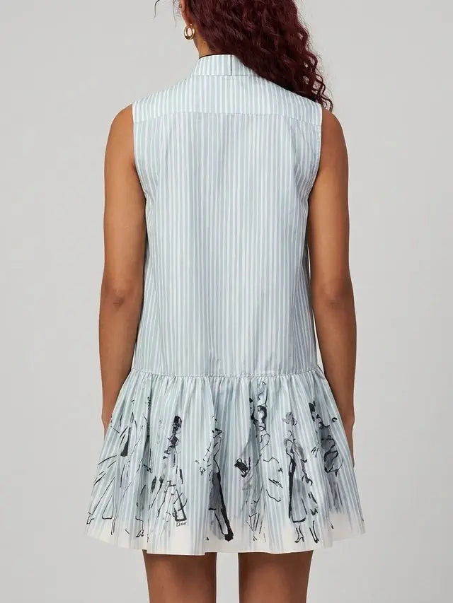 Blue Striped Sleeveless Drop Waist Mini Shirt Dress - Dresses
