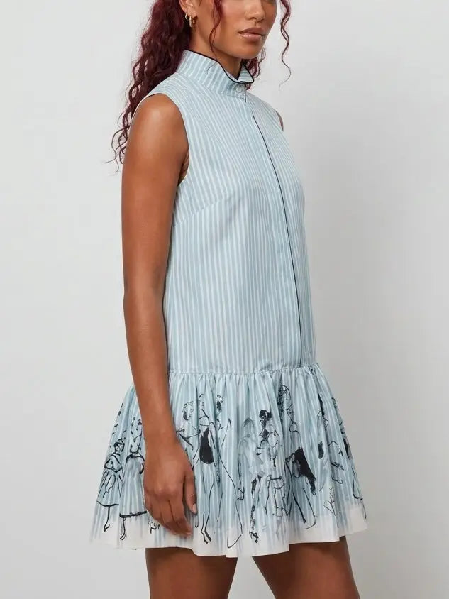 Blue Striped Sleeveless Drop Waist Mini Shirt Dress - Dresses