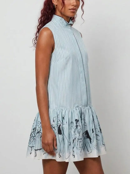 Blue Striped Sleeveless Drop Waist Mini Shirt Dress - Dresses