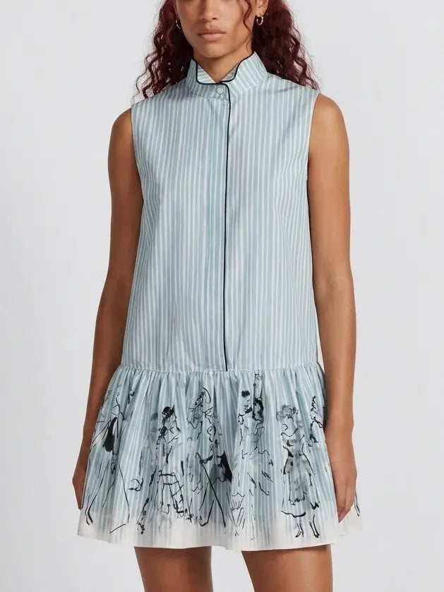 Blue Striped Sleeveless Drop Waist Mini Shirt Dress - Dresses