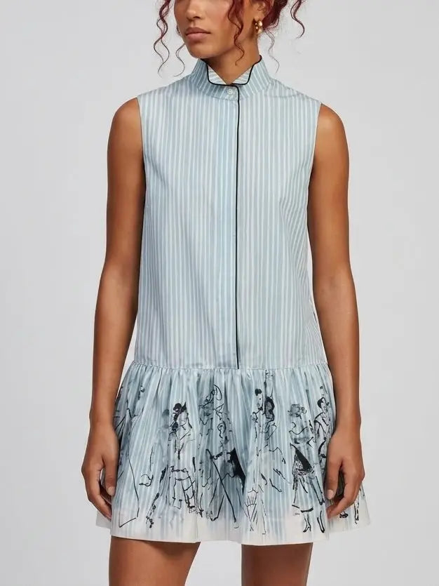 Blue Striped Sleeveless Drop Waist Mini Shirt Dress - Dresses