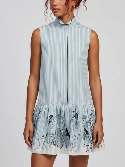 Blue Striped Sleeveless Drop Waist Mini Shirt Dress - Dresses