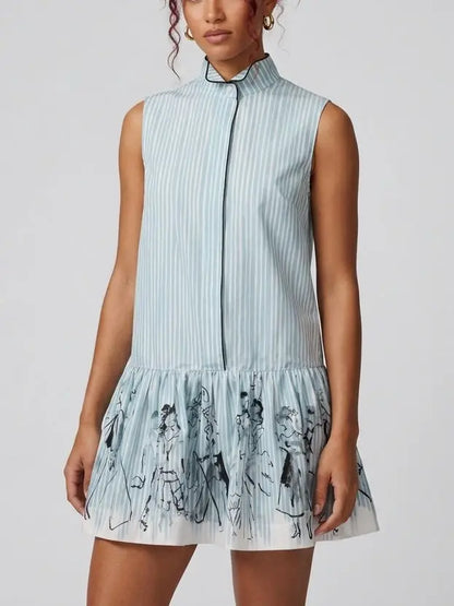 Blue Striped Sleeveless Drop Waist Mini Shirt Dress - Dresses