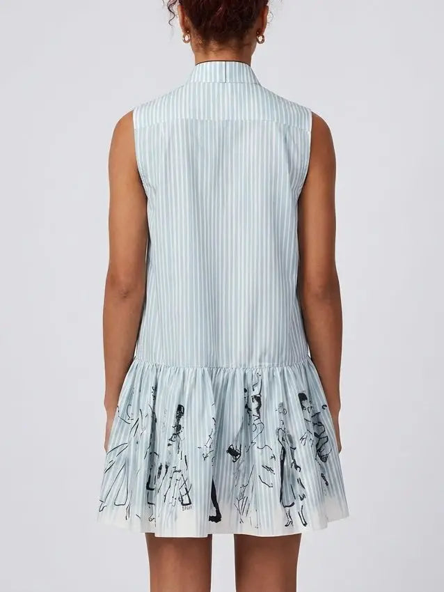 Blue Striped Sleeveless Drop Waist Mini Shirt Dress - Dresses