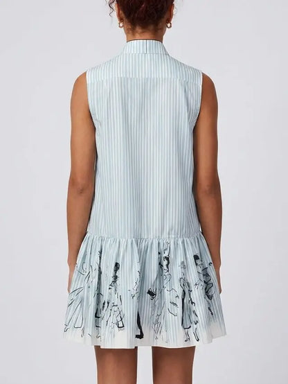 Blue Striped Sleeveless Drop Waist Mini Shirt Dress - Dresses