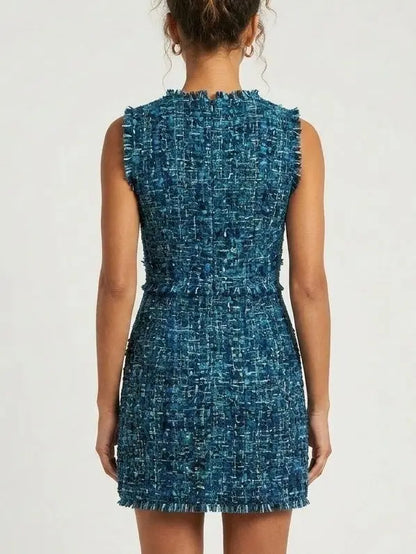 Blue Toned Frayed Tweed Mini Dress - Dresses