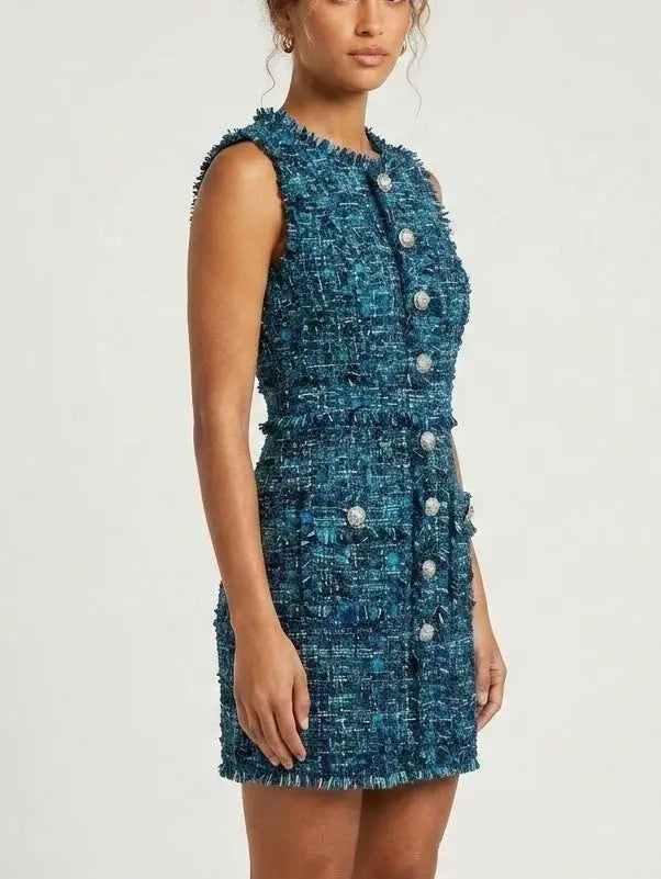 Blue Toned Frayed Tweed Mini Dress - Dresses
