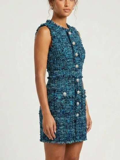 Blue Toned Frayed Tweed Mini Dress - Dresses