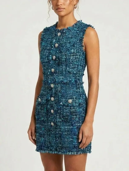 Blue Toned Frayed Tweed Mini Dress - Dresses